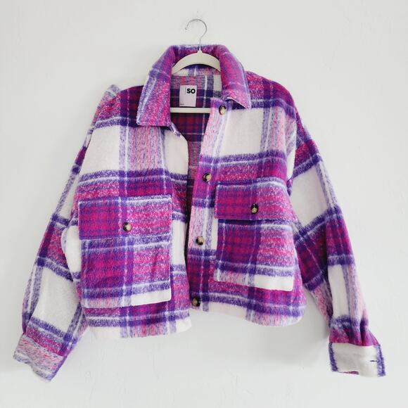SO Purple White & Pink Flannel Shacket Lapel Collar Button Down Jacket Large - Picture 5 of 9